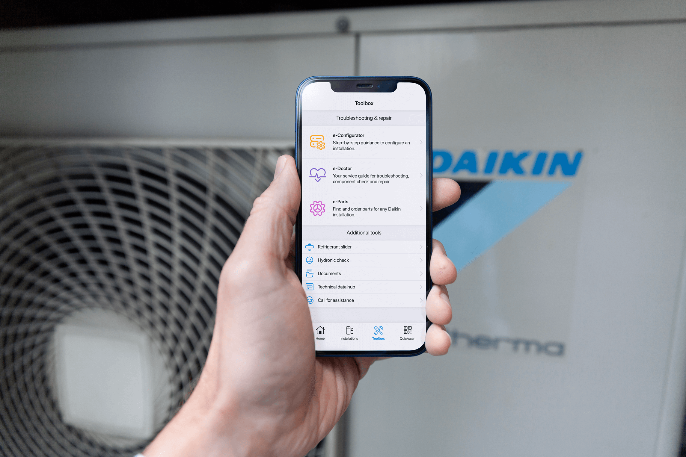 The e-care application from Daikin Europe showing all possible actions that can be taken on a heatpump.