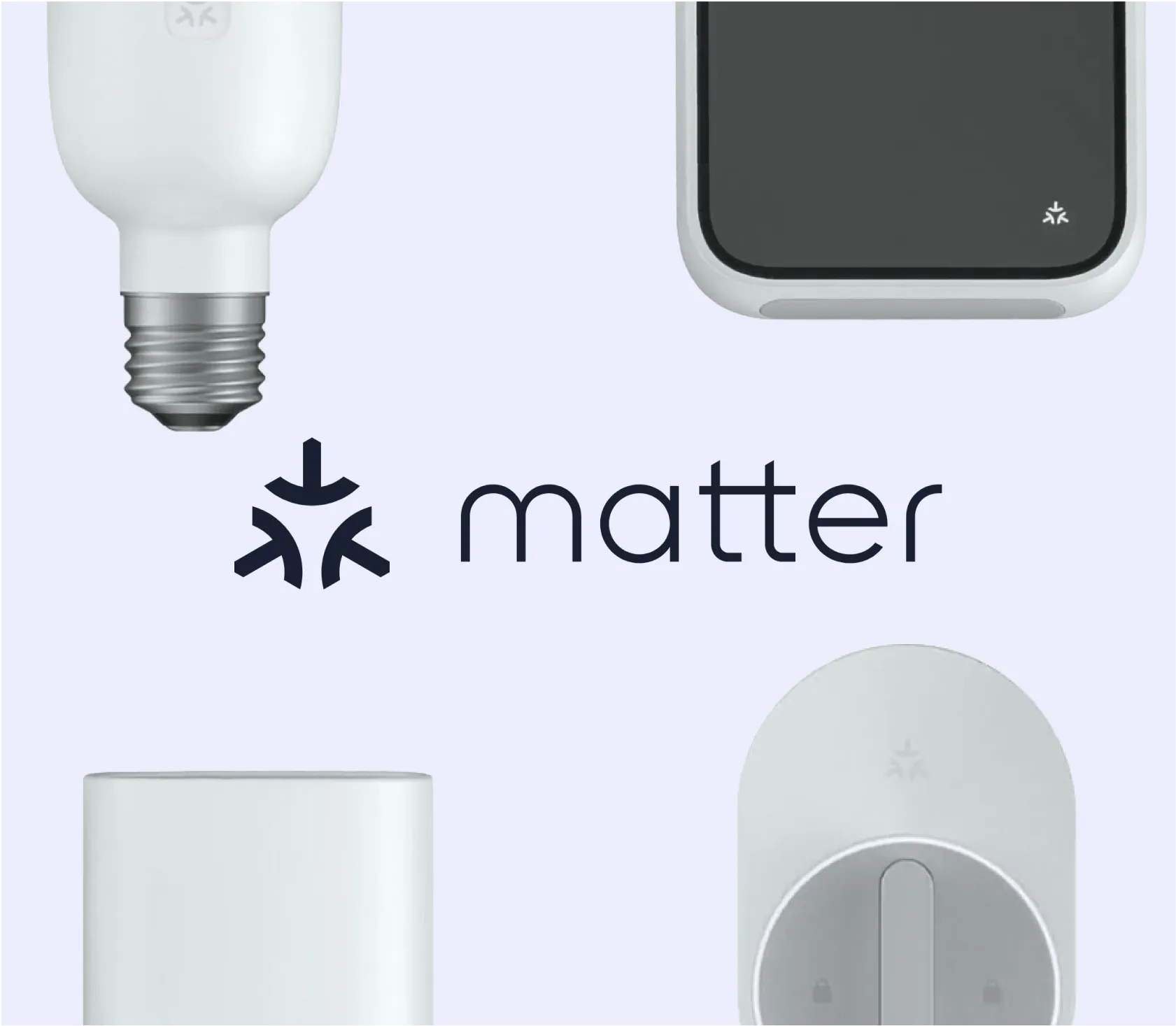 Smart home devices around the Matter logo: a bulb, a phone, a hub and a plug