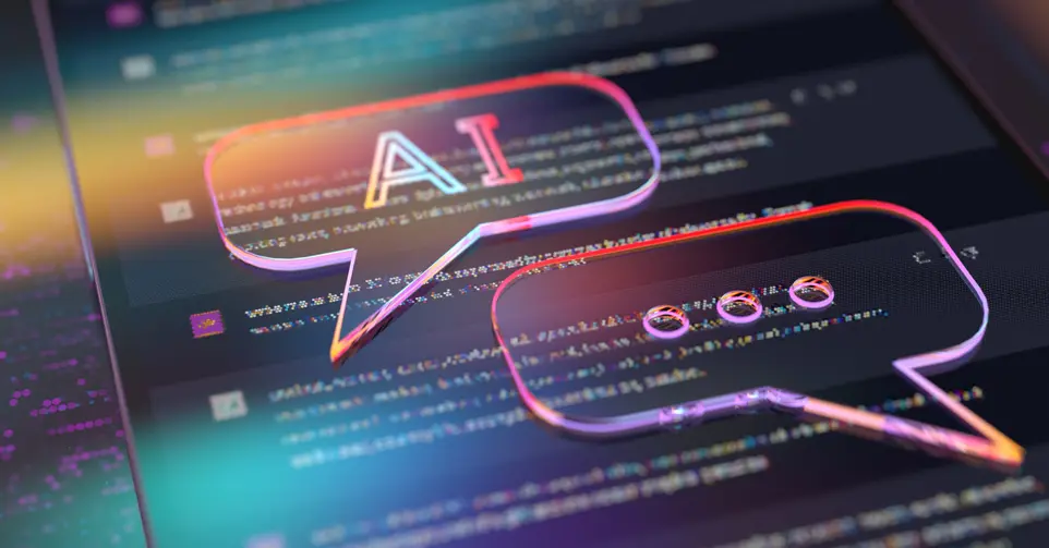 Speech bubbles glowing over a screen of code, one of them reading AI